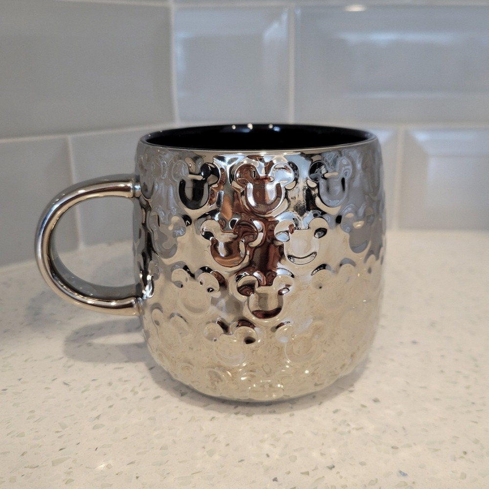 Disney Collectible Coffee Mug 16oz Silver Metallic Chrome Embossed Mickey Mouse